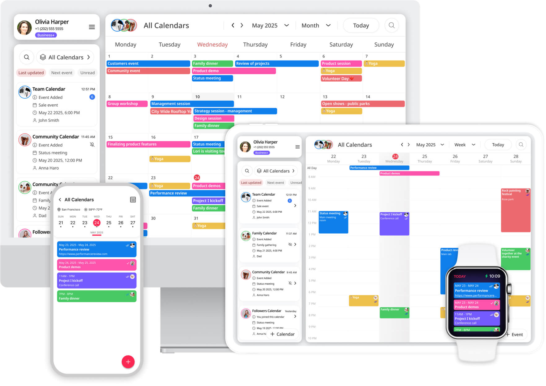 A person using the GroupCal shared calendar on their laptop and phone.