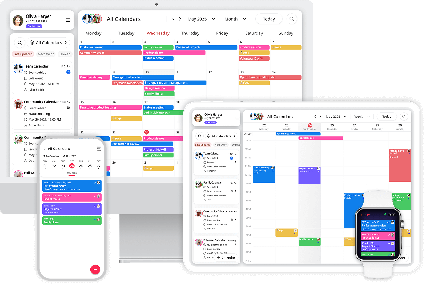 A person using the GroupCal shared calendar on their laptop and phone.