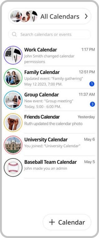 GroupCal web calendar list section on the main screen