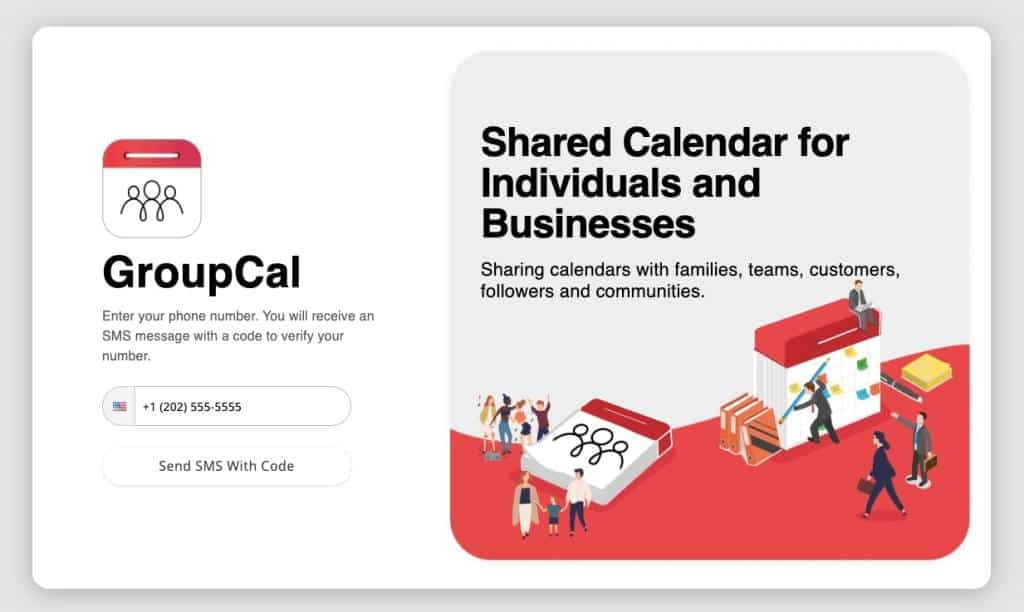 GroupCal onboarding - enter your phone number