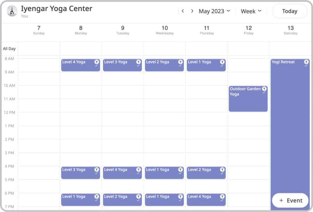 Fitness/Yoga/Tennis center group calendar