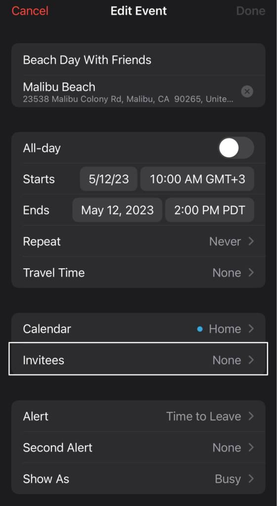 Apple Calendar event details screen