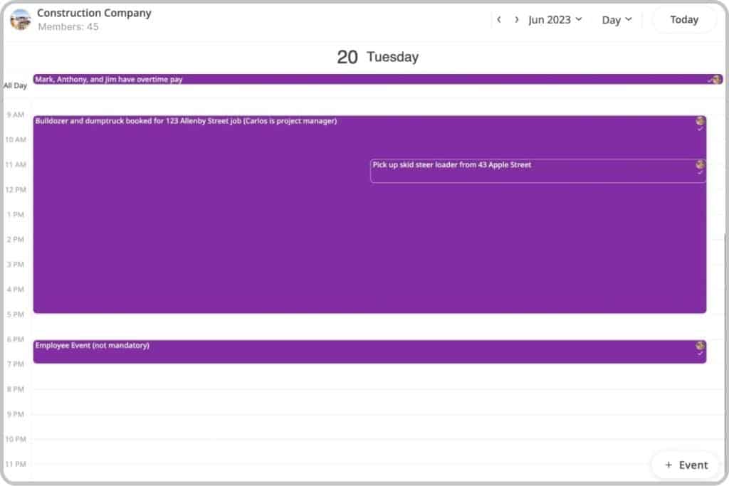 Construction Company resource calendar