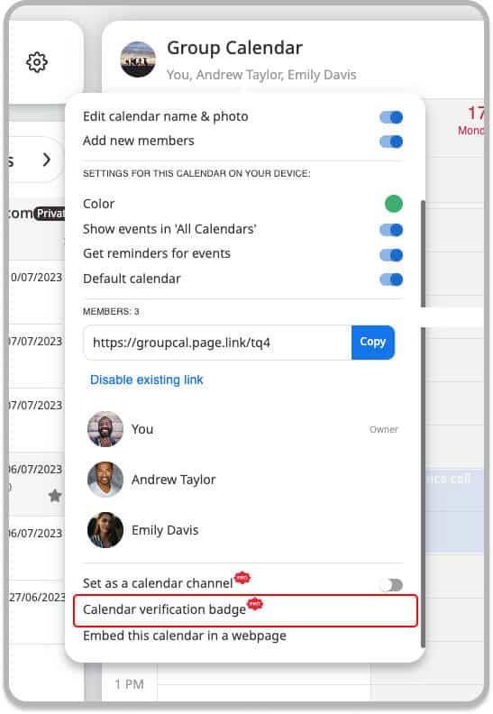 GroupCal calendar details popup - verified badge option