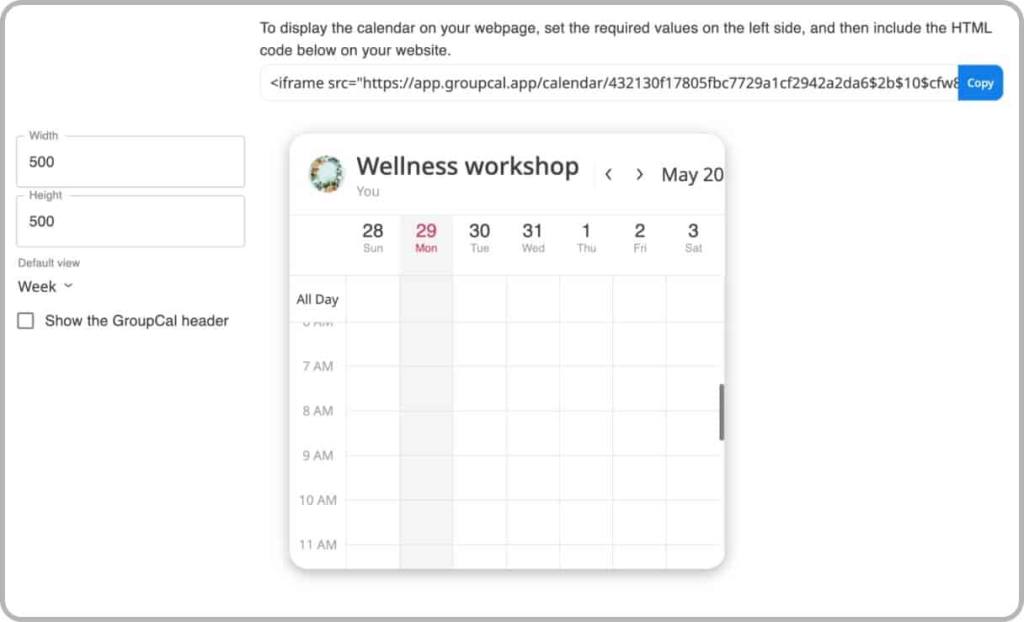 GroupCal embed a calendar - customize the calendar