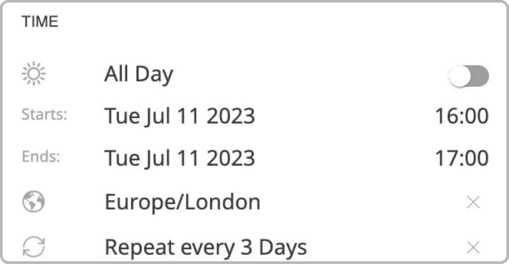 GroupCal event details popup - Time section