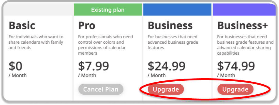 GroupCal Purchase screen - upgrade plan