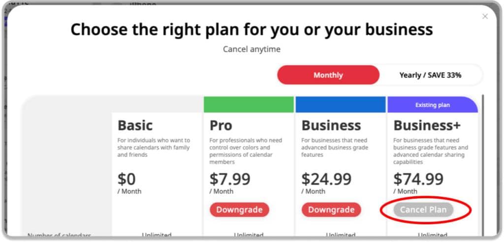 GroupCal Purchase screen - canceling a plan