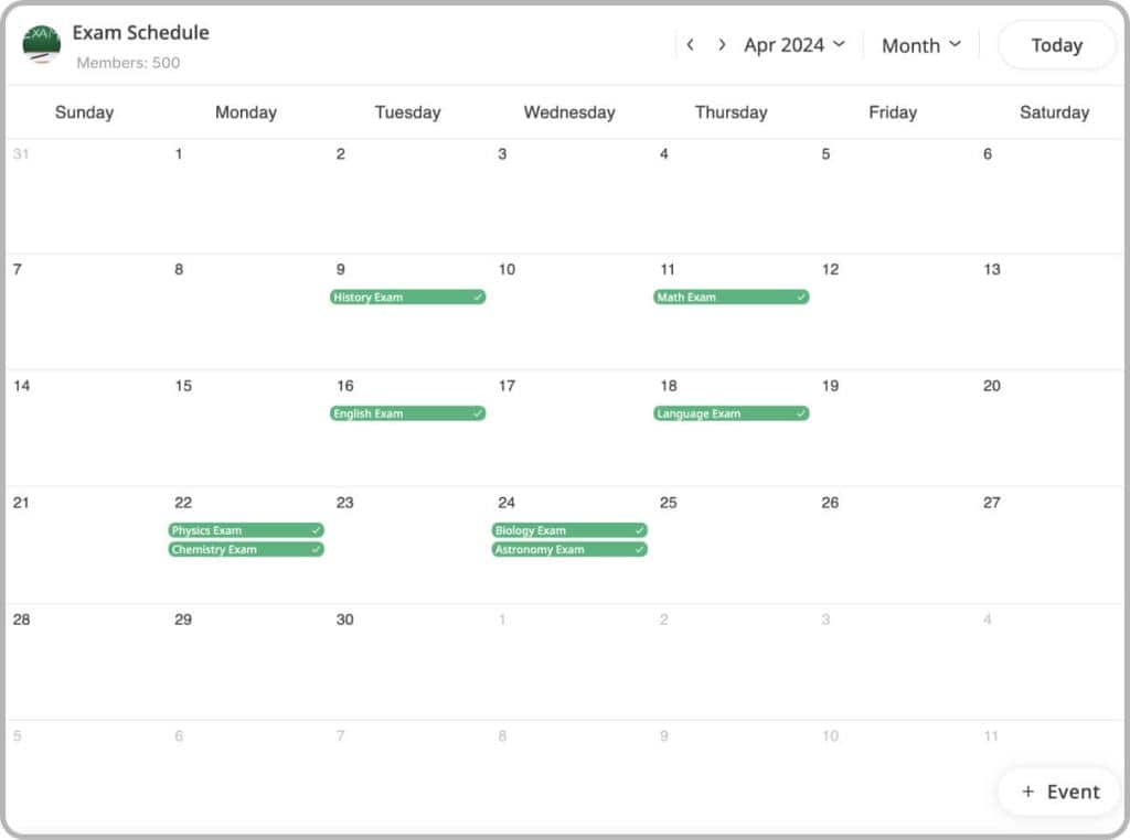 Exams shared schedule calendar