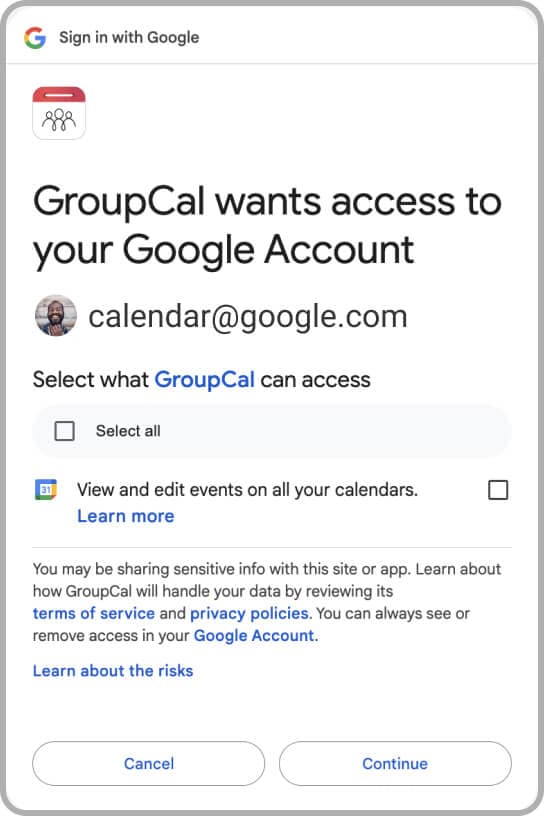 Connecting a Google Calendar account dialog - select access level