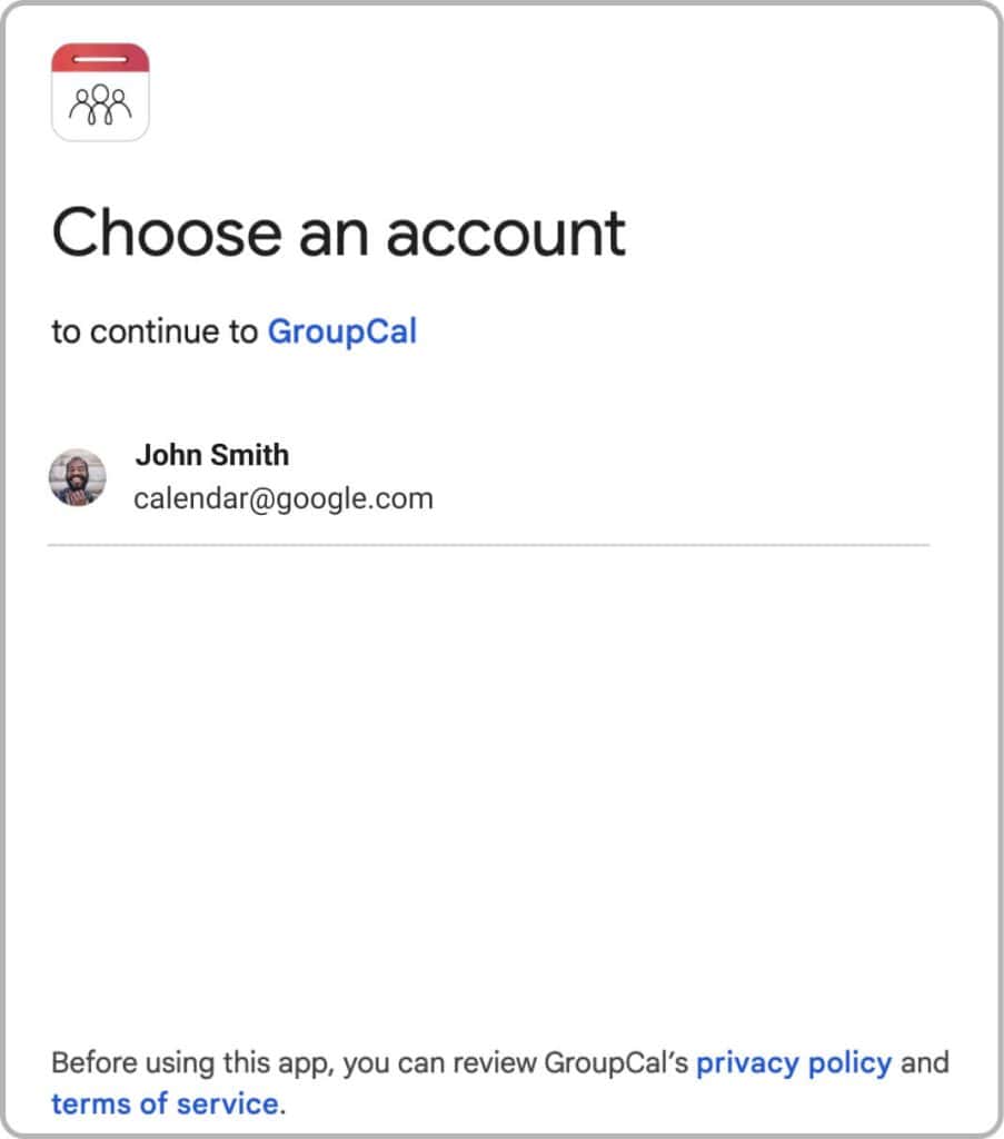 Connecting a Google Calendar account dialog - select which Google account to connect