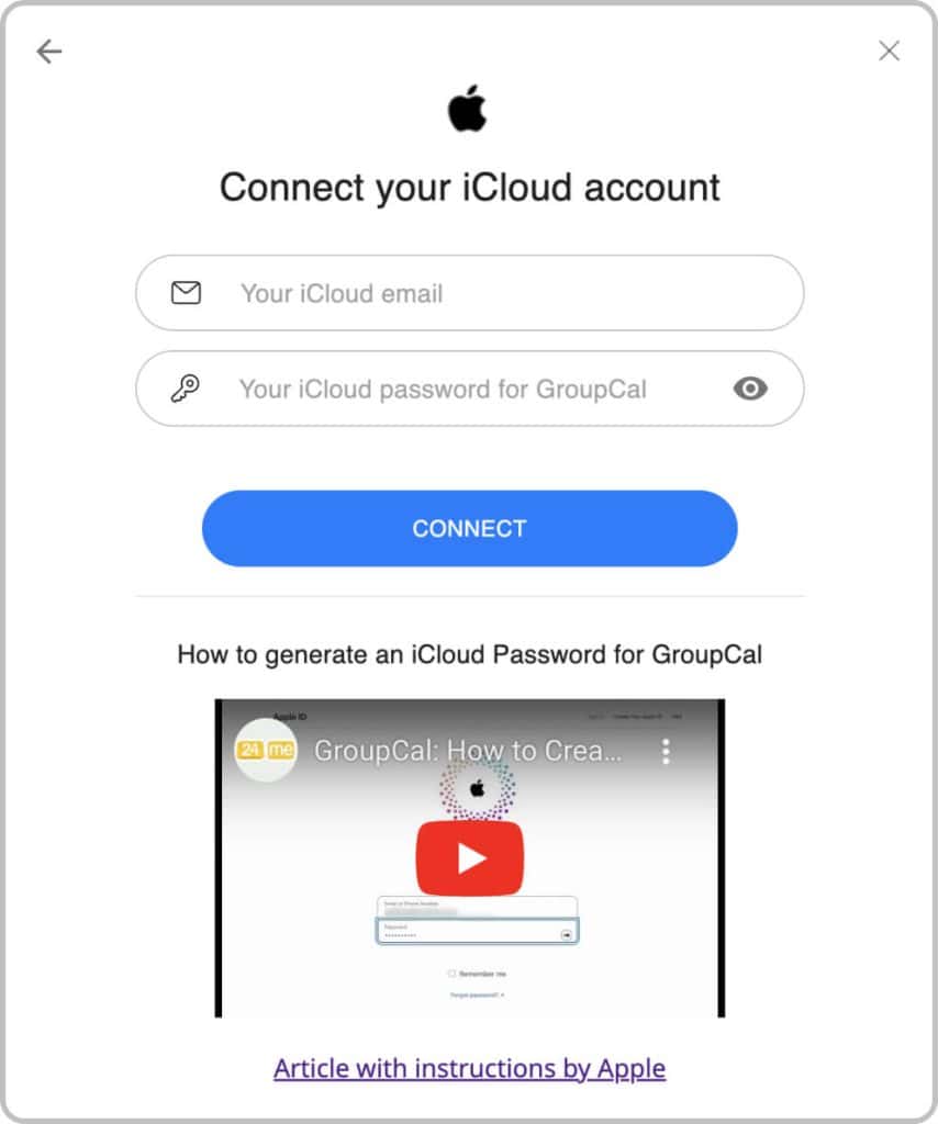 Adding an iCloud account to GroupCal - connection dialog