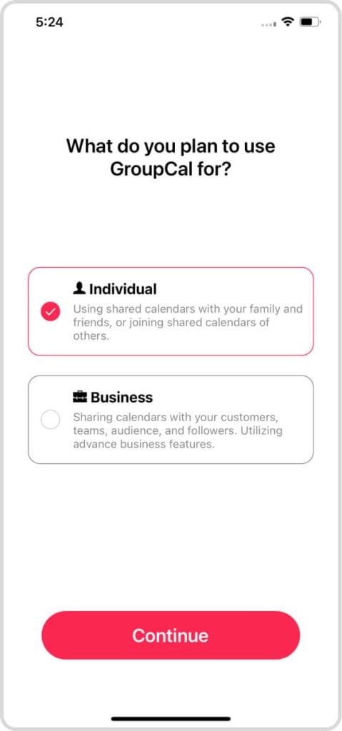 GroupCal mobile app - choose whether to use as an individual or a business