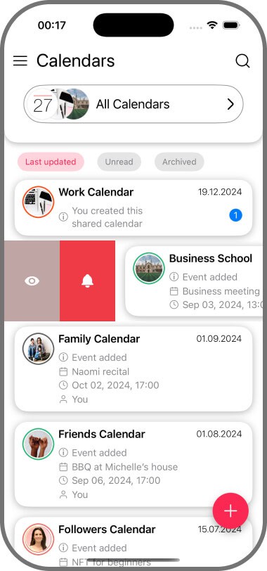 Actions on the Calendars List screen