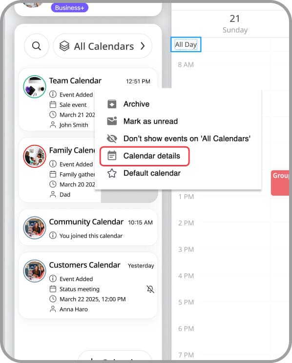 Open the Calendar Details screen from the right click menu when clicking on a calendar.