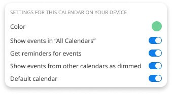 Calendar Details screen - Settings for this calendar on your device section